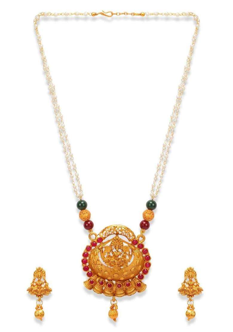 Gold- Plated Red Stone Studded & Beaded Jewellery Set for Women | Traditional Temple Jewellery for Wedding & Festive Wear | Gift for Her - Indya