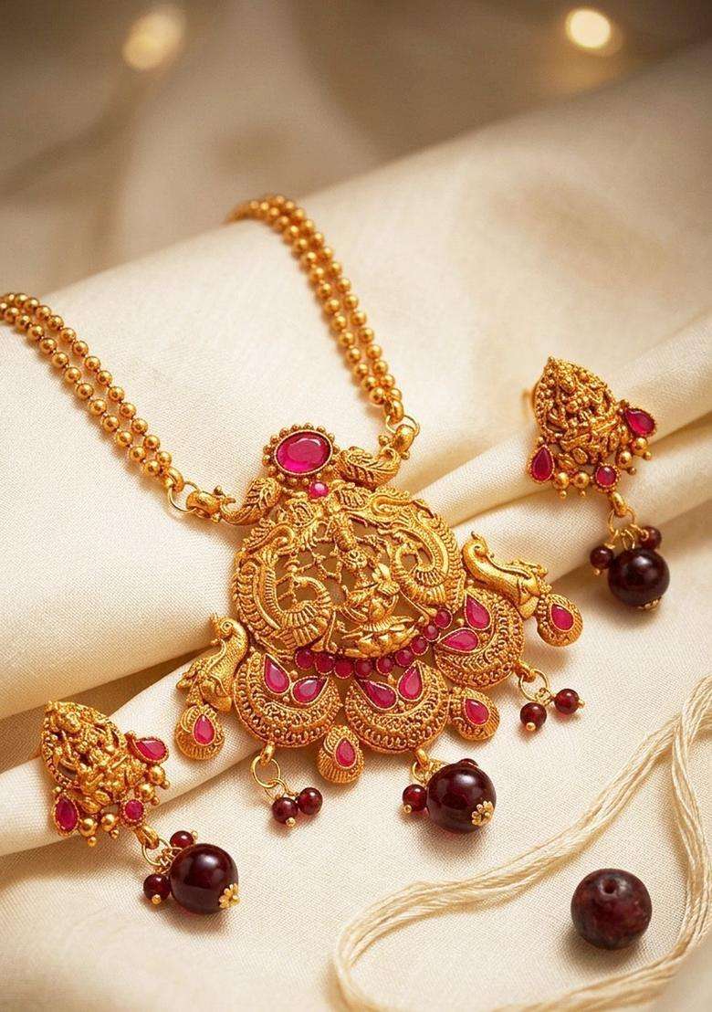 Gold-Plated & Red Stone Studded Jewellery Set for Women | Traditional Temple Jewellery for Wedding & Festive Wear | Gift for Her - Indya