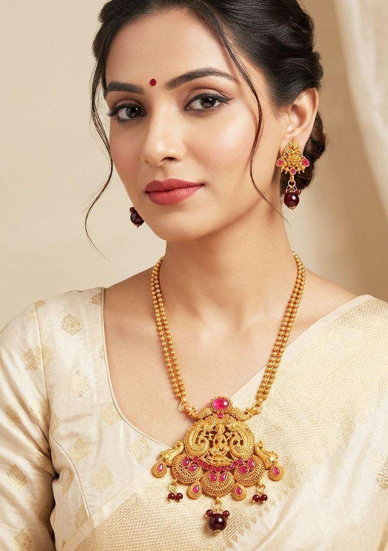 Gold-Plated & Red Stone Studded Jewellery Set for Women | Traditional Temple Jewellery for Wedding & Festive Wear | Gift for Her - Indya