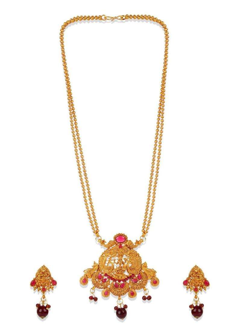 Gold-Plated & Red Stone Studded Jewellery Set for Women | Traditional Temple Jewellery for Wedding & Festive Wear | Gift for Her - Indya