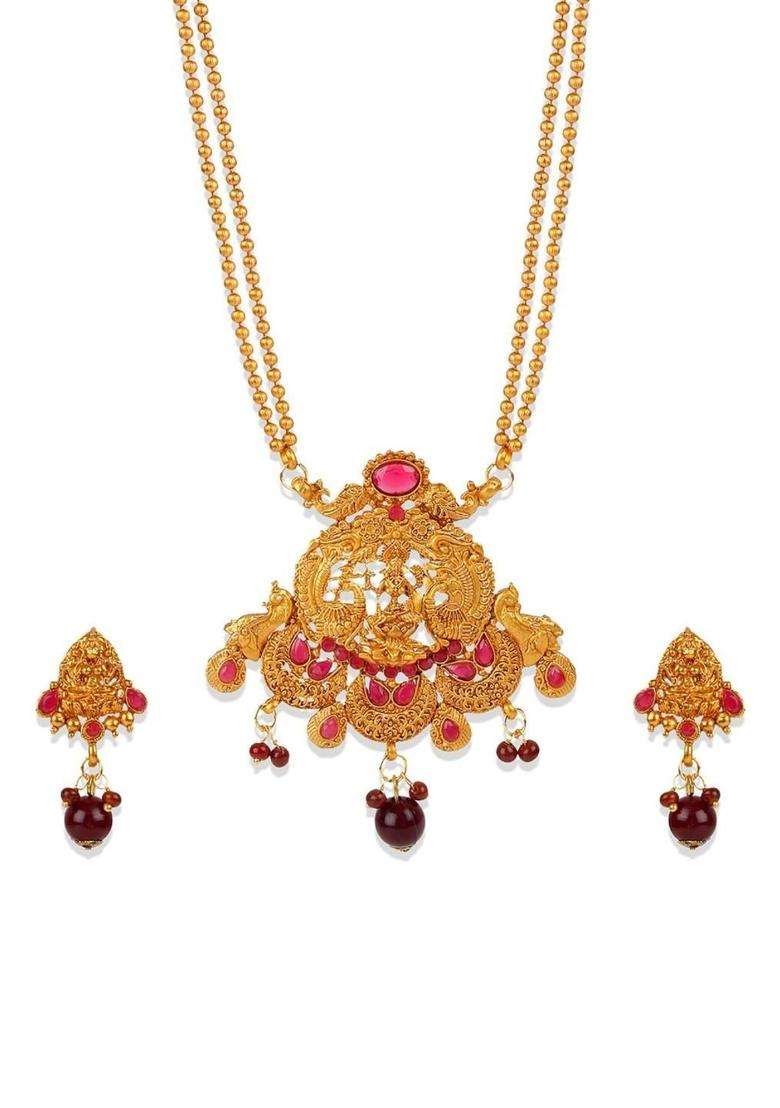 Gold-Plated & Red Stone Studded Jewellery Set for Women | Traditional Temple Jewellery for Wedding & Festive Wear | Gift for Her - Indya