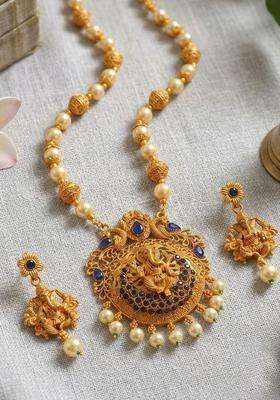 Gold-Plated White Beaded Blue CZ Stone Studded Jewellery Set for Women | Traditional Temple Jewellery for Wedding & Festive Wear | Gift for Her