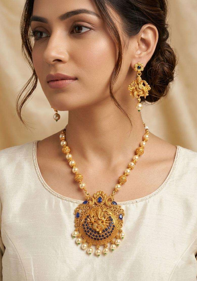 Gold-Plated White Beaded Blue CZ Stone Studded Jewellery Set for Women | Traditional Temple Jewellery for Wedding & Festive Wear | Gift for Her - Indya