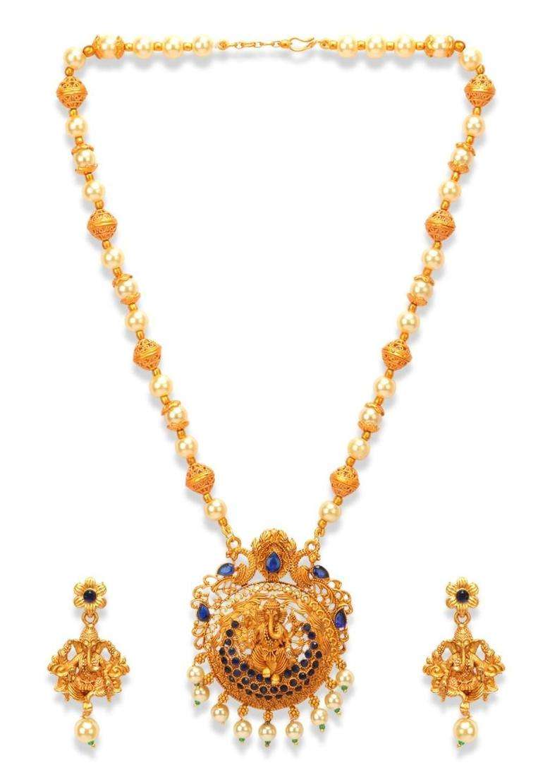 Gold-Plated White Beaded Blue CZ Stone Studded Jewellery Set for Women | Traditional Temple Jewellery for Wedding & Festive Wear | Gift for Her - Indya