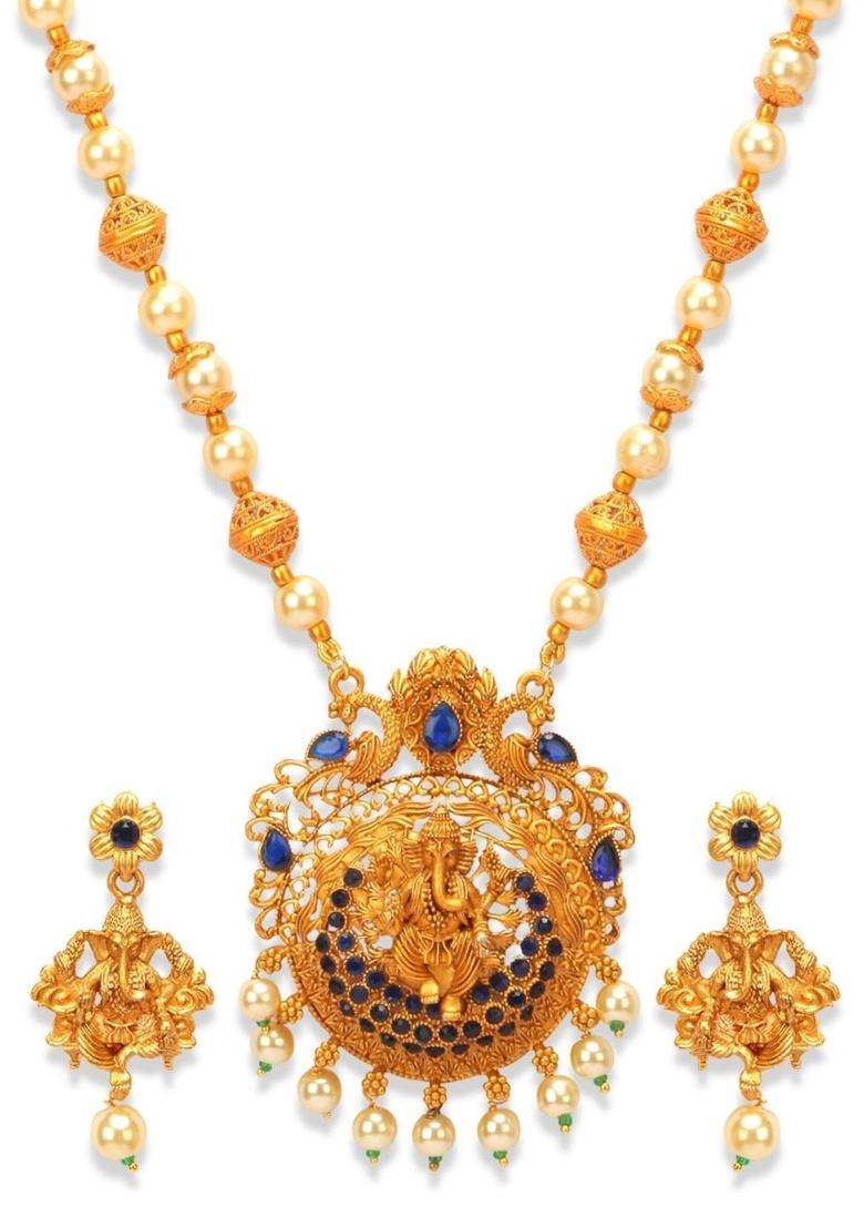 Gold-Plated White Beaded Blue CZ Stone Studded Jewellery Set for Women | Traditional Temple Jewellery for Wedding & Festive Wear | Gift for Her - Indya