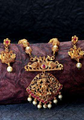 Gold-Plated & Red Stone-Studded Maa Laxmi Temple Jewellery Set for Women | Traditional Temple Jewellery for Wedding & Festive Wear | Gift for Her