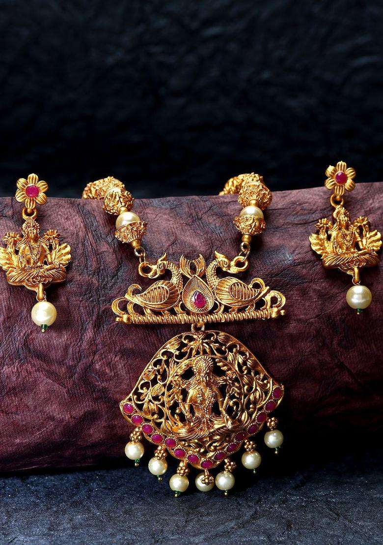 Gold-Plated & Red Stone-Studded Maa Laxmi Temple Jewellery Set for Women | Traditional Temple Jewellery for Wedding & Festive Wear | Gift for Her - Indya