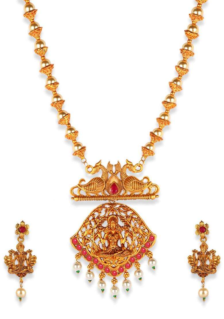 Gold-Plated & Red Stone-Studded Maa Laxmi Temple Jewellery Set for Women | Traditional Temple Jewellery for Wedding & Festive Wear | Gift for Her - Indya
