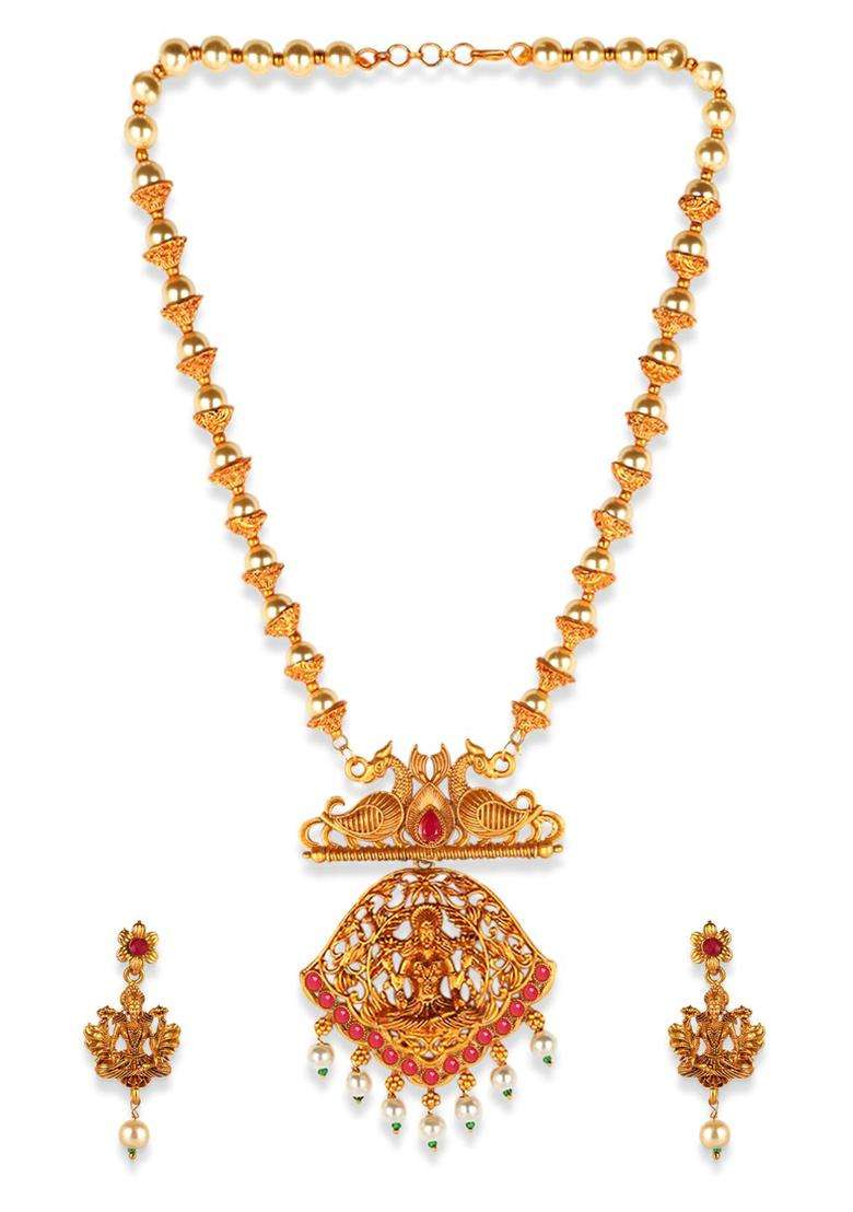 Gold-Plated & Red Stone-Studded Maa Laxmi Temple Jewellery Set for Women | Traditional Temple Jewellery for Wedding & Festive Wear | Gift for Her - Indya