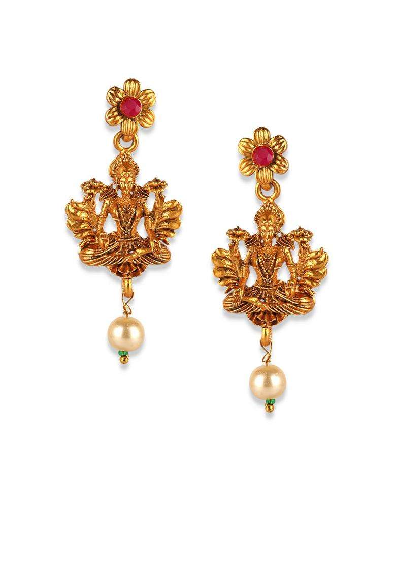 Gold-Plated & Red Stone-Studded Maa Laxmi Temple Jewellery Set for Women | Traditional Temple Jewellery for Wedding & Festive Wear | Gift for Her - Indya