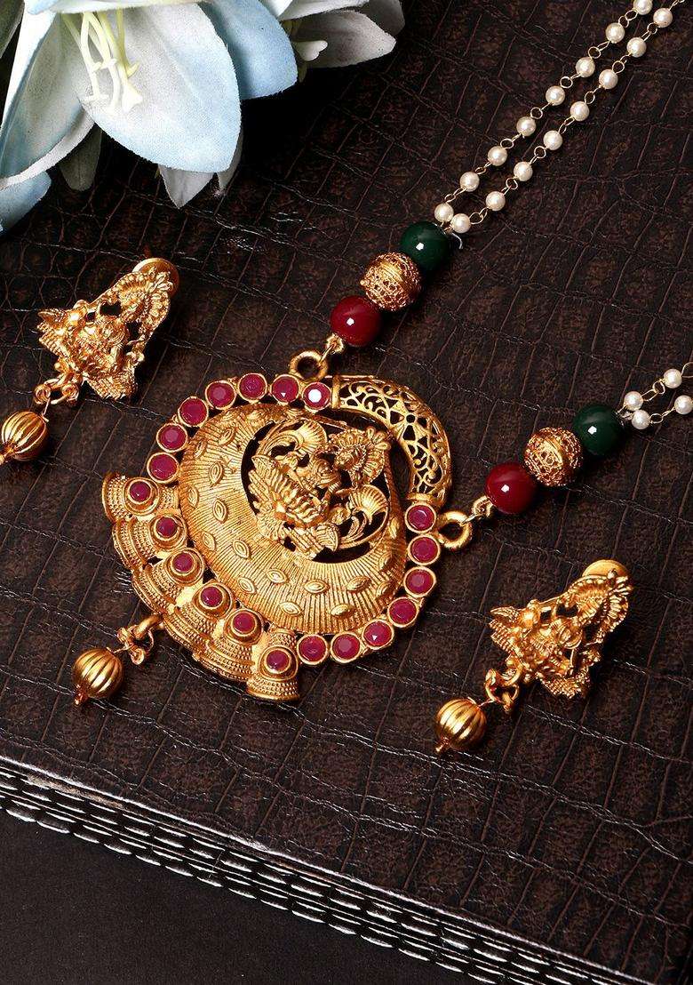 Gold-Plated Red Stone Studded Jewellery Set for Women | Traditional Temple Jewellery for Wedding & Festive Wear | Gift for Her - Indya