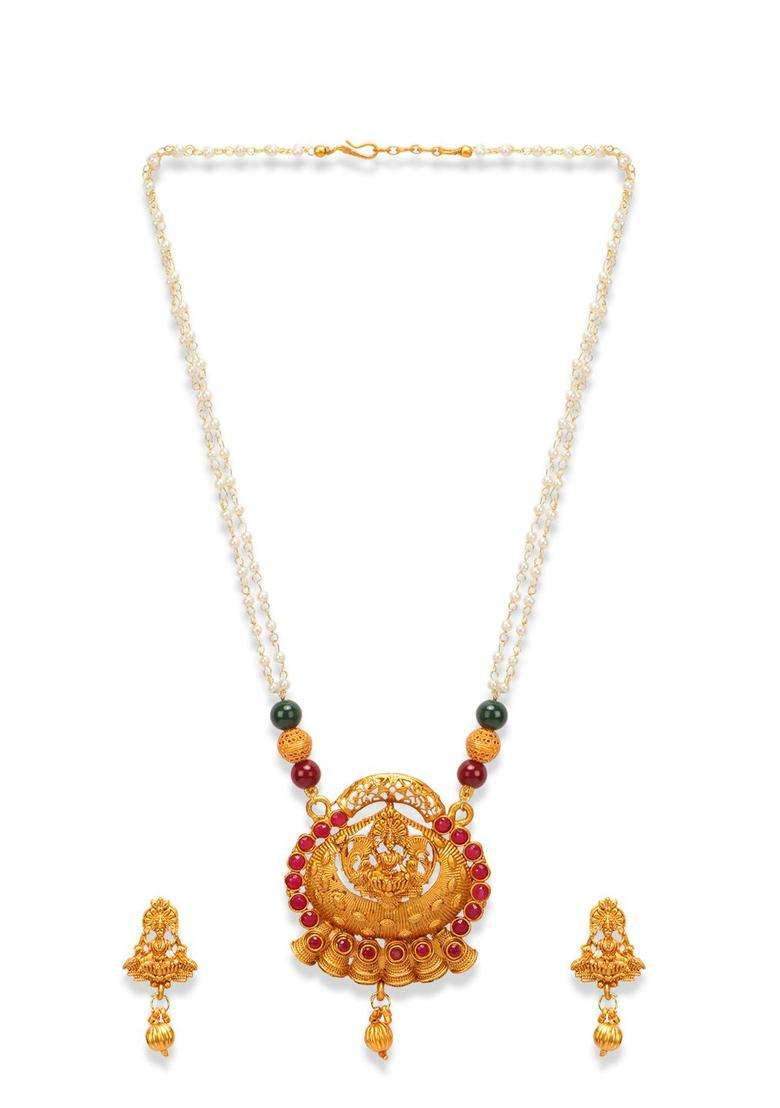 Gold-Plated Red Stone Studded Jewellery Set for Women | Traditional Temple Jewellery for Wedding & Festive Wear | Gift for Her - Indya