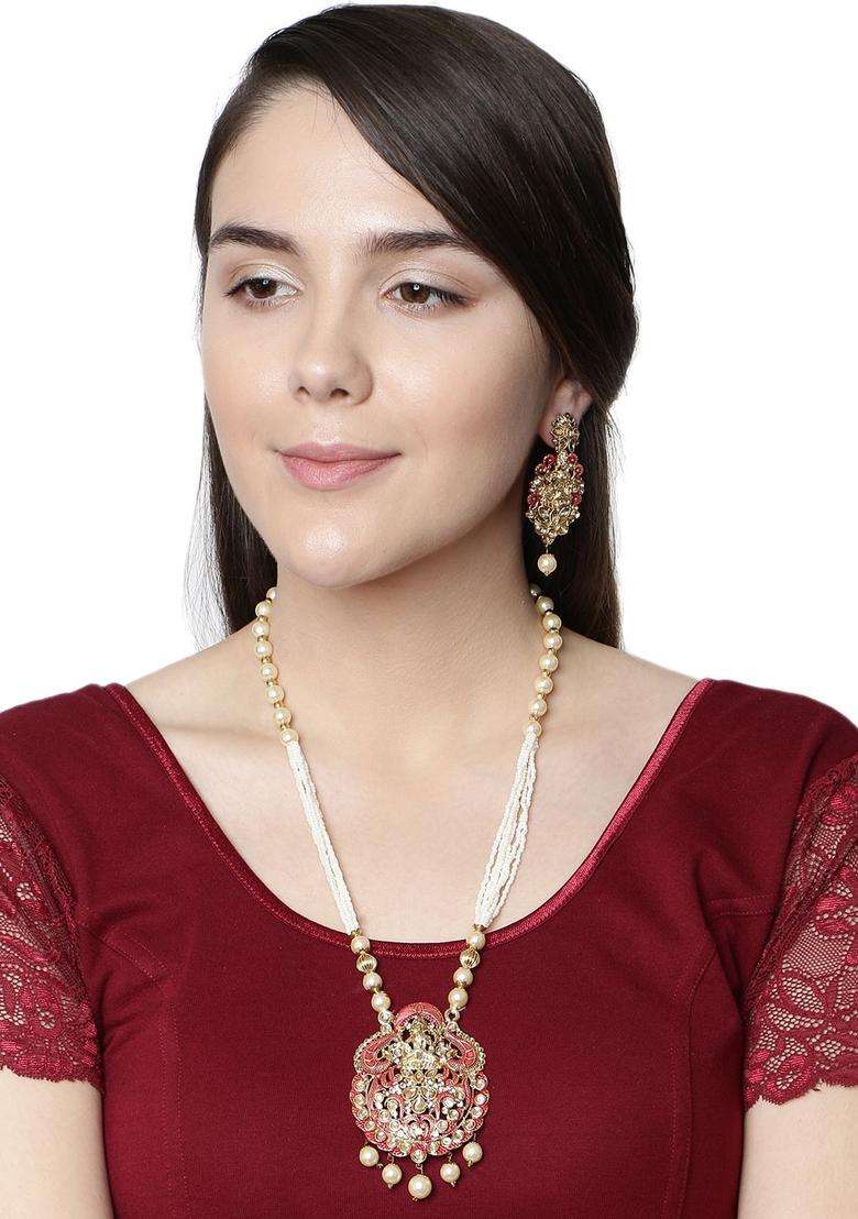 Gold-Plated Red & White Stone Studded Pearl Temple Jewellery Set for Women | Traditional Temple Jewellery for Wedding & Festive Wear | Gift for Her - Indya