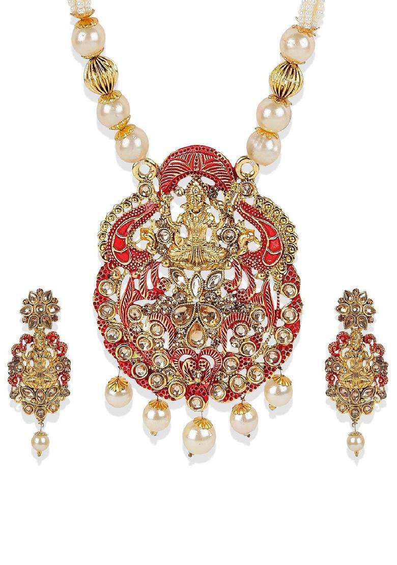 Gold-Plated Red & White Stone Studded Pearl Temple Jewellery Set for Women | Traditional Temple Jewellery for Wedding & Festive Wear | Gift for Her - Indya