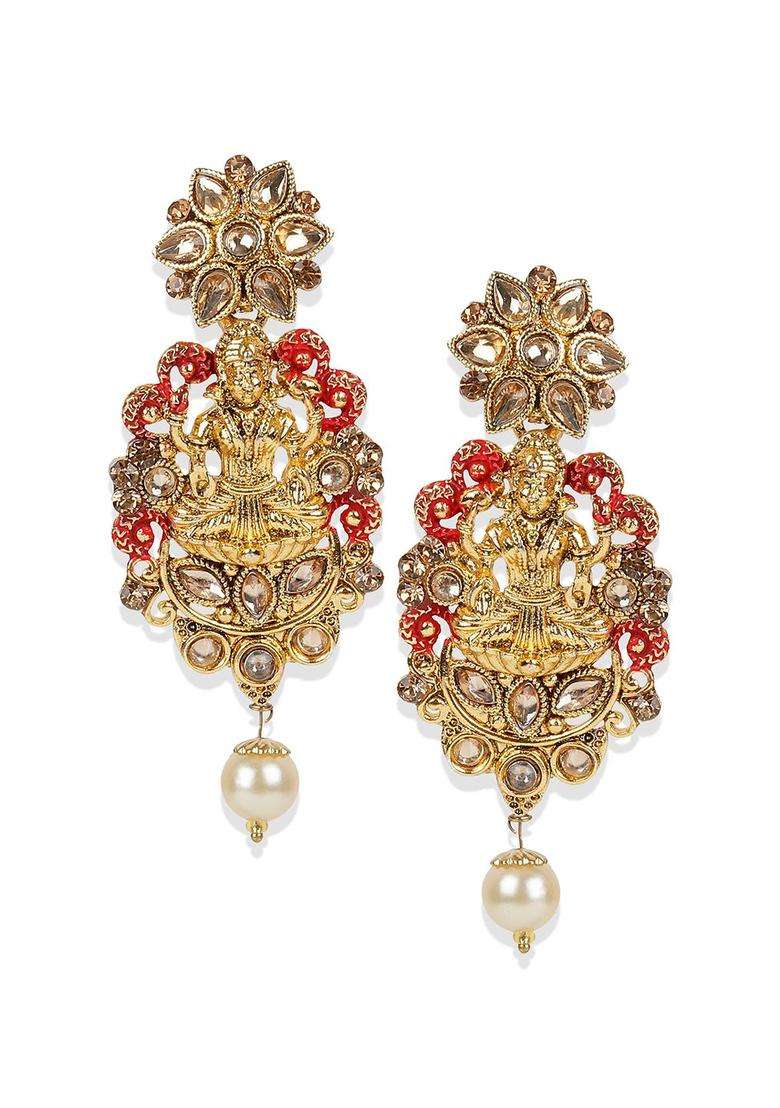 Gold-Plated Red & White Stone Studded Pearl Temple Jewellery Set for Women | Traditional Temple Jewellery for Wedding & Festive Wear | Gift for Her - Indya