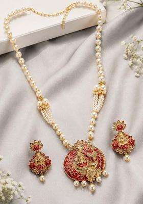 Gold-Plated Red & White Stone Studded Pearl Temple Jewellery Set for Women | Traditional Temple Jewellery for Wedding & Festive Wear | Gift for Her