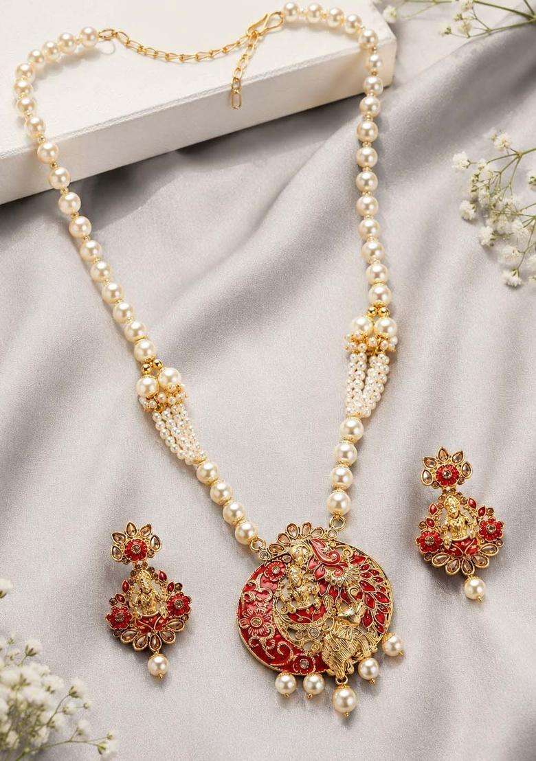 Gold-Plated Red & White Stone Studded Pearl Temple Jewellery Set for Women | Traditional Temple Jewellery for Wedding & Festive Wear | Gift for Her - Indya