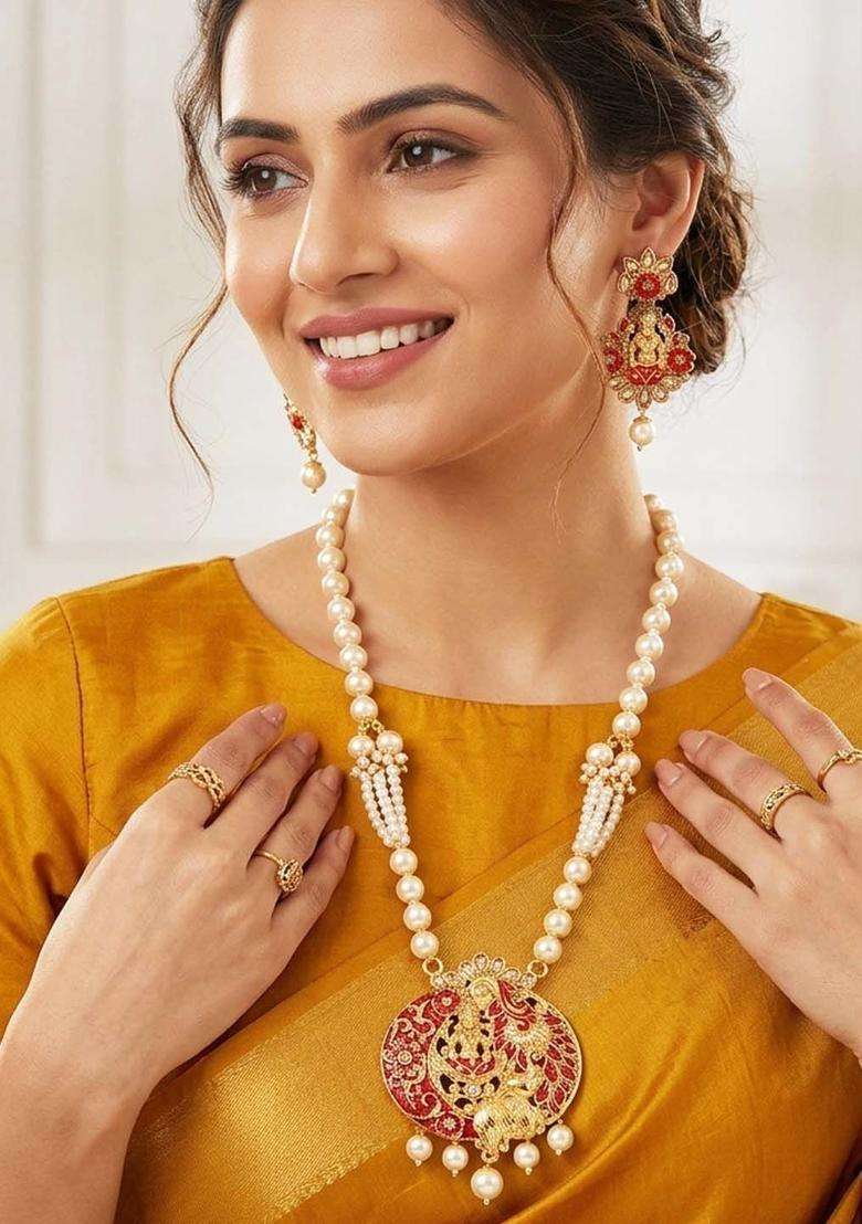 Gold-Plated Red & White Stone Studded Pearl Temple Jewellery Set for Women | Traditional Temple Jewellery for Wedding & Festive Wear | Gift for Her - Indya