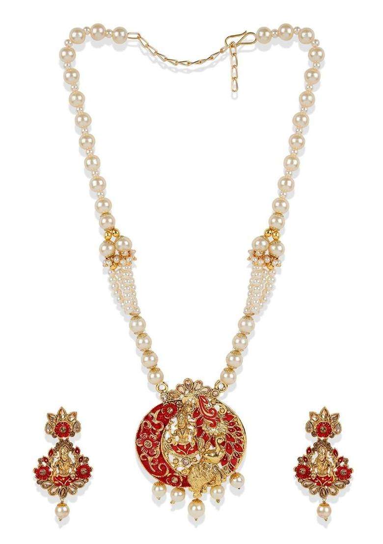 Gold-Plated Red & White Stone Studded Pearl Temple Jewellery Set for Women | Traditional Temple Jewellery for Wedding & Festive Wear | Gift for Her - Indya
