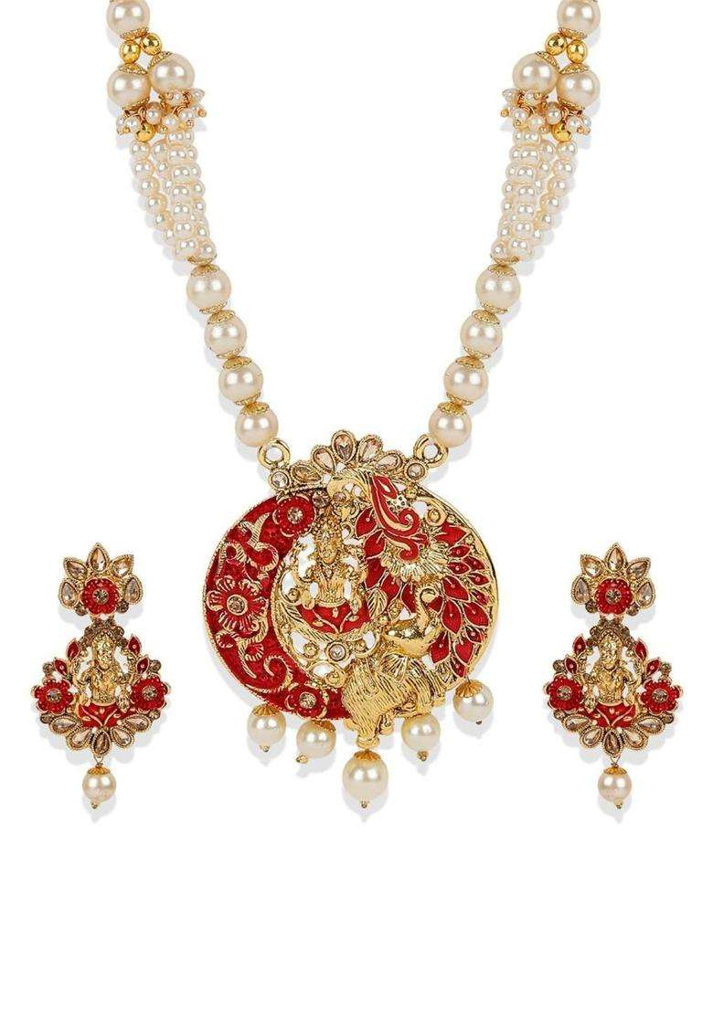 Gold-Plated Red & White Stone Studded Pearl Temple Jewellery Set for Women | Traditional Temple Jewellery for Wedding & Festive Wear | Gift for Her - Indya