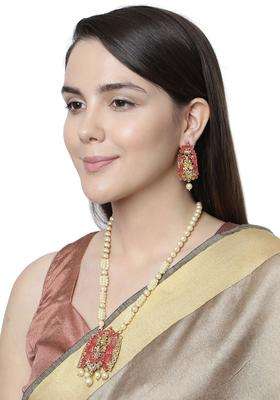 Gold-Plated Red & White Stone Studded Pearl Meenakari Jewellery Set for Women | Traditional Temple Jewellery for Wedding & Festive Wear | Gift for Her