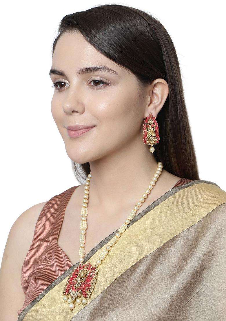 Gold-Plated Red & White Stone Studded Pearl Meenakari Jewellery Set for Women | Traditional Temple Jewellery for Wedding & Festive Wear | Gift for Her - Indya
