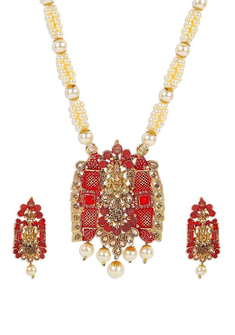 Gold-Plated Red & White Stone Studded Pearl Meenakari Jewellery Set for Women | Traditional Temple Jewellery for Wedding & Festive Wear | Gift for Her - Indya