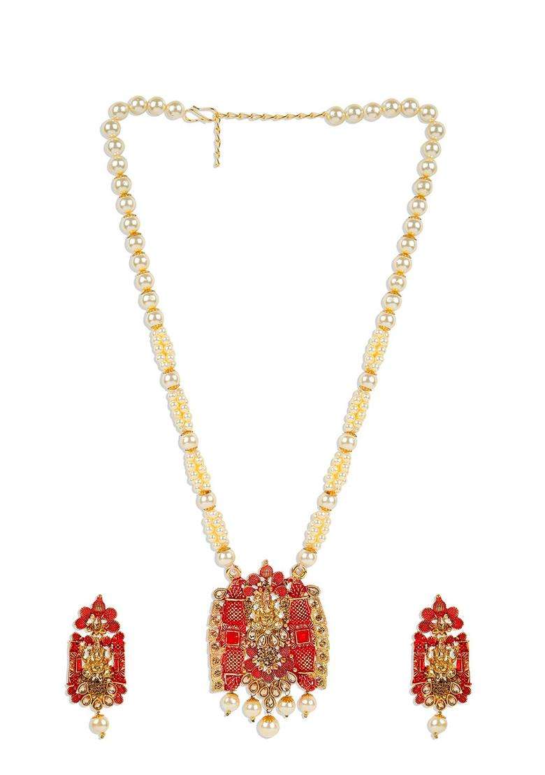 Gold-Plated Red & White Stone Studded Pearl Meenakari Jewellery Set for Women | Traditional Temple Jewellery for Wedding & Festive Wear | Gift for Her - Indya