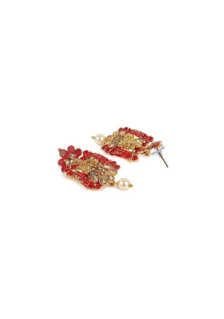 Gold-Plated Red & White Stone Studded Pearl Meenakari Jewellery Set for Women | Traditional Temple Jewellery for Wedding & Festive Wear | Gift for Her - Indya
