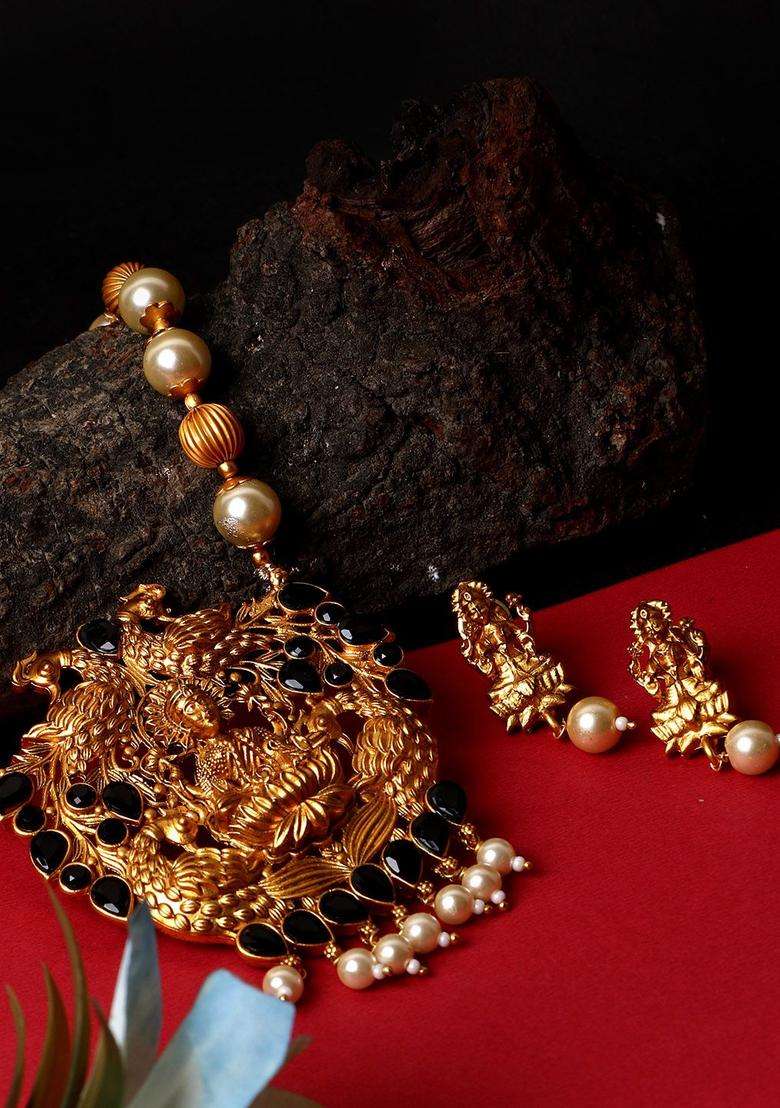 Gold-Plated & Black Antique Matte Goddess Laxmi Temple Jewellery Set with Pearl for Women | Traditional Temple Jewellery for Wedding & Festive Wear | Gift for Her - Indya