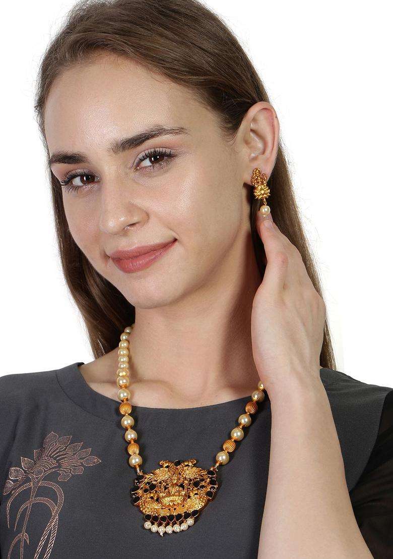 Gold-Plated & Black Antique Matte Goddess Laxmi Temple Jewellery Set with Pearl for Women | Traditional Temple Jewellery for Wedding & Festive Wear | Gift for Her - Indya