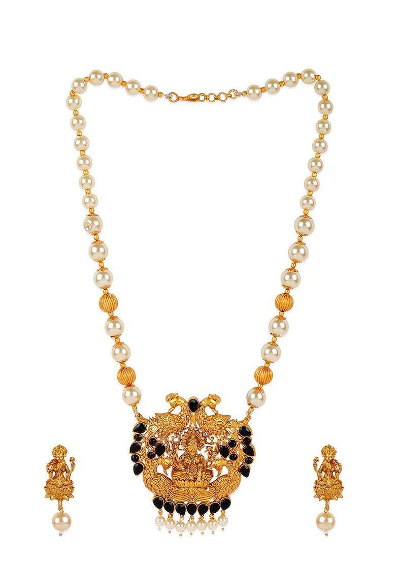 Gold-Plated & Black Antique Matte Goddess Laxmi Temple Jewellery Set with Pearl for Women | Traditional Temple Jewellery for Wedding & Festive Wear | Gift for Her - Indya