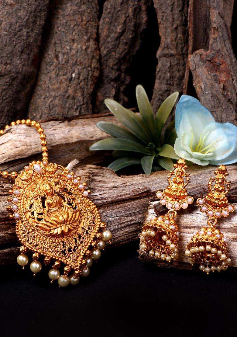 Gold-Plated & White Antique Matte Goddess Laxmi Temple Jewellery Set for Women | Traditional Temple Jewellery for Wedding & Festive Wear | Gift for Her - Indya
