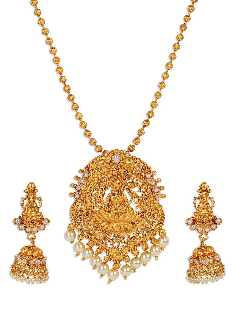 Gold-Plated & White Antique Matte Goddess Laxmi Temple Jewellery Set for Women | Traditional Temple Jewellery for Wedding & Festive Wear | Gift for Her - Indya