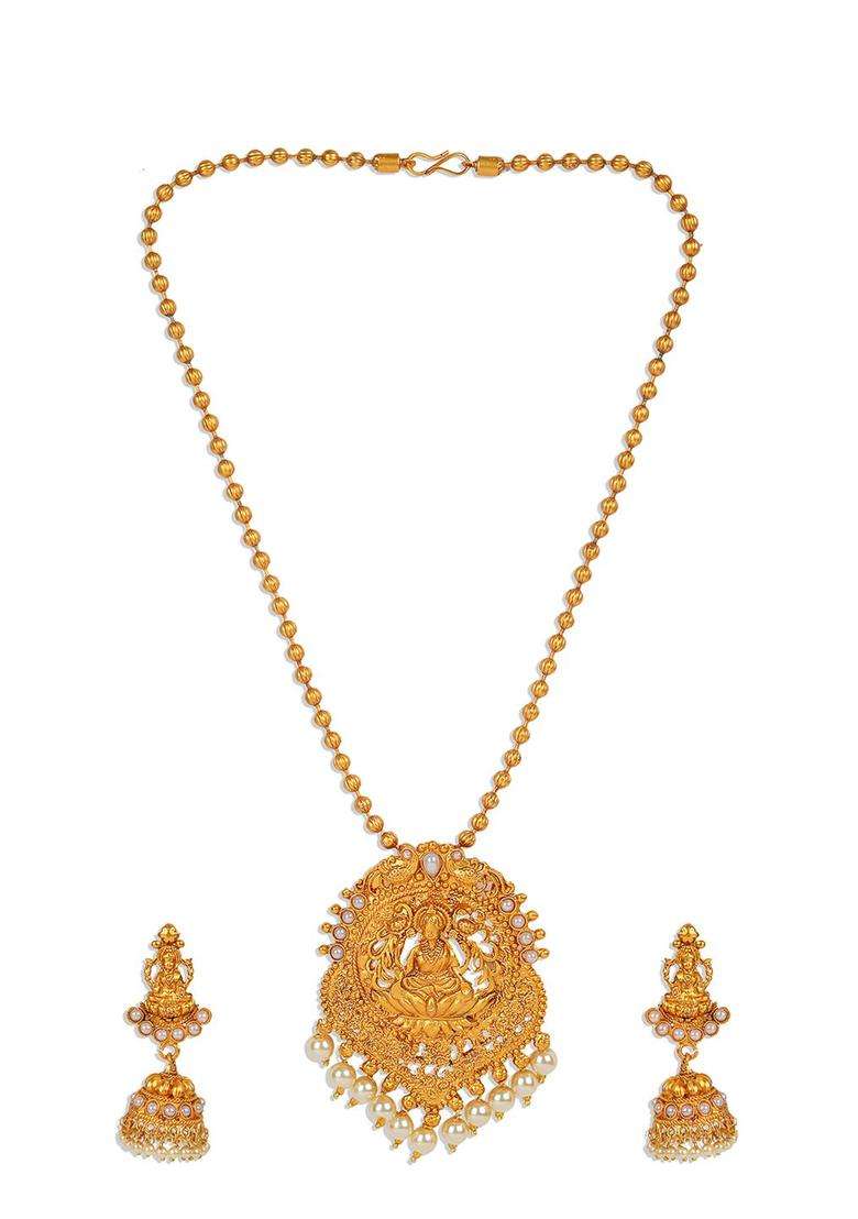Gold-Plated & White Antique Matte Goddess Laxmi Temple Jewellery Set for Women | Traditional Temple Jewellery for Wedding & Festive Wear | Gift for Her - Indya