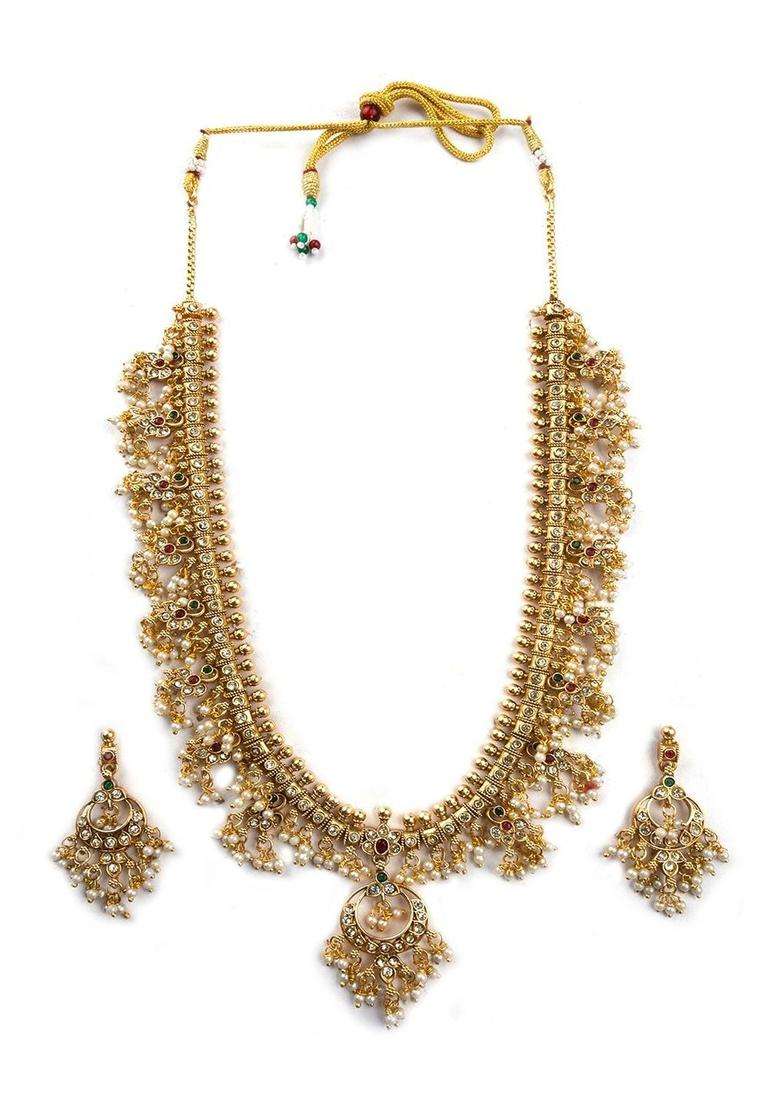 Gold-Plated Temple Stone Studded & Beaded Necklace and Earrings for Women | Traditional Temple Jewellery for Wedding & Festive Wear | Gift for Her - Indya