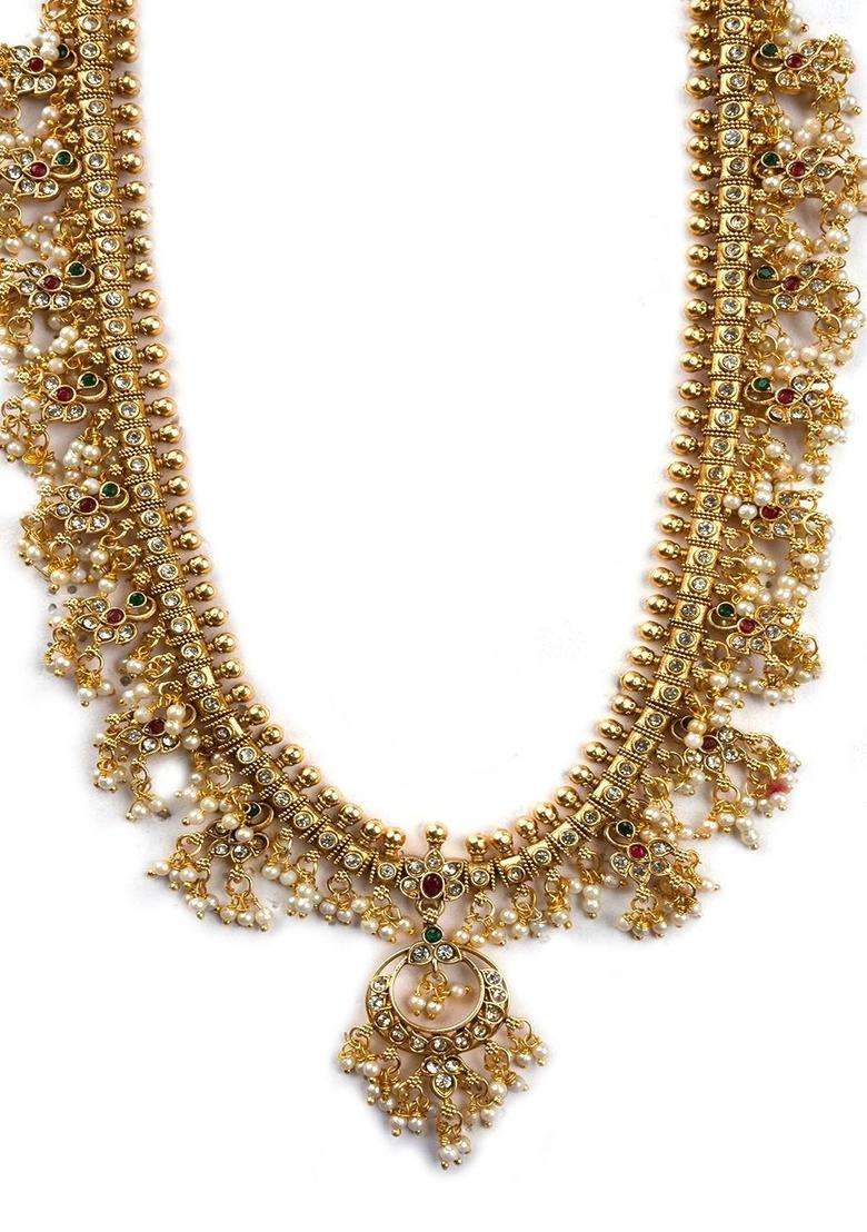 Gold-Plated Temple Stone Studded & Beaded Necklace and Earrings for Women | Traditional Temple Jewellery for Wedding & Festive Wear | Gift for Her - Indya