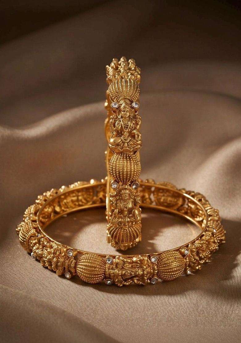 Set of 2 Gold-Plated Temple Stone Studded & Beaded Bangles for Women | Traditional Temple Jewellery for Wedding & Festive Wear | Gift for Her - Indya