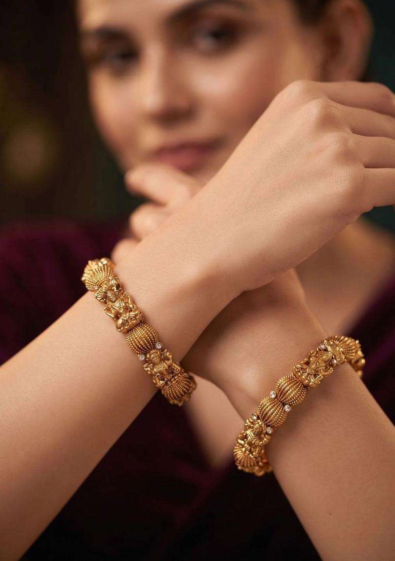 Set of 2 Gold-Plated Temple Stone Studded & Beaded Bangles for Women | Traditional Temple Jewellery for Wedding & Festive Wear | Gift for Her - Indya