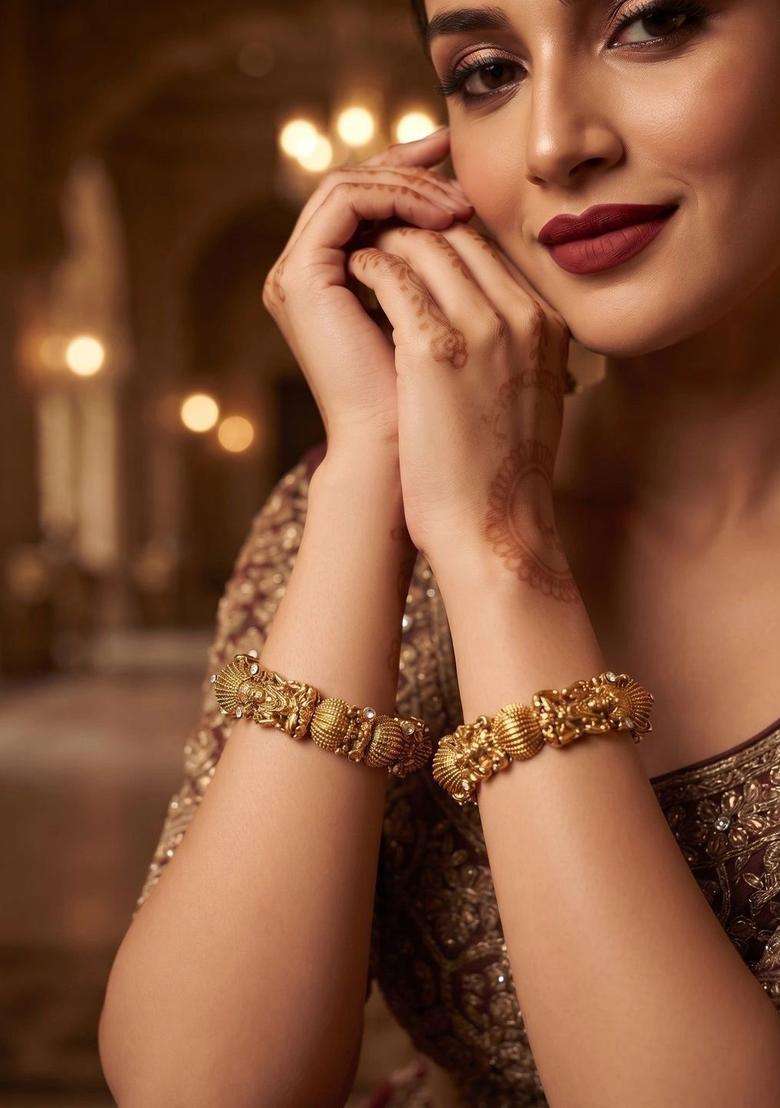 Set of 2 Gold-Plated Temple Stone Studded & Beaded Bangles for Women | Traditional Temple Jewellery for Wedding & Festive Wear | Gift for Her - Indya