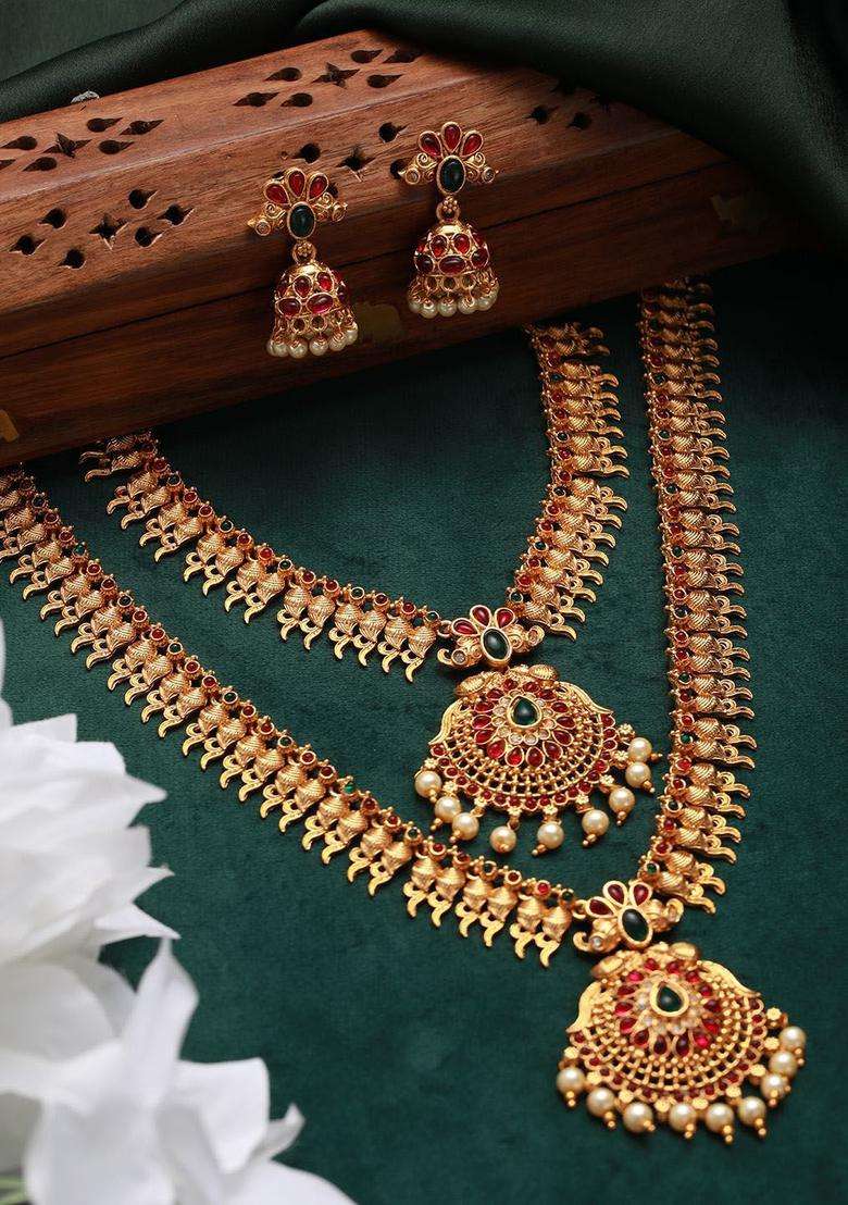 Set of 2 Gold-Plated Stone Studded & Beaded Temple Choker Jewellery Sets for Women | Traditional Temple Jewellery for Wedding & Festive Wear | Gift for Her - Indya