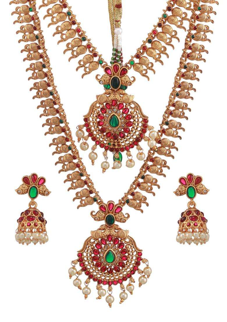 Set of 2 Gold-Plated Stone Studded & Beaded Temple Choker Jewellery Sets for Women | Traditional Temple Jewellery for Wedding & Festive Wear | Gift for Her - Indya