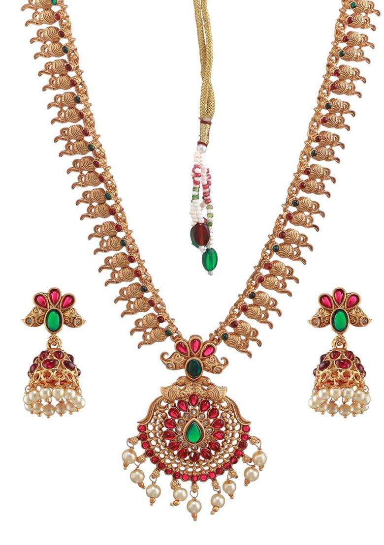 Set of 2 Gold-Plated Stone Studded & Beaded Temple Choker Jewellery Sets for Women | Traditional Temple Jewellery for Wedding & Festive Wear | Gift for Her - Indya