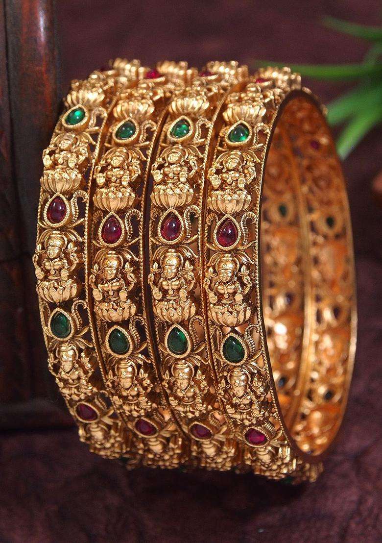 Set of 4 Gold-Plated Artificial Stones and Beads Studded Matte Temple Bangles for Women | Traditional Temple Jewellery for Wedding & Festive Wear | Gift for Her - Indya