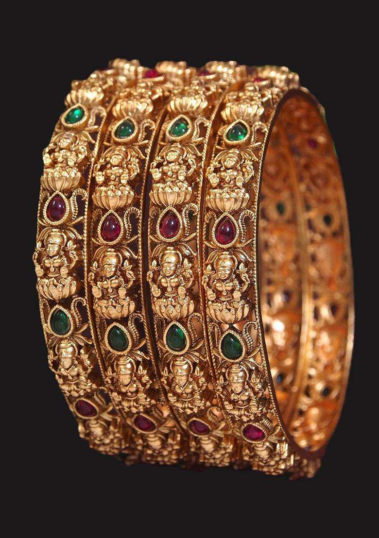 Set of 4 Gold-Plated Artificial Stones and Beads Studded Matte Temple Bangles for Women | Traditional Temple Jewellery for Wedding & Festive Wear | Gift for Her - Indya