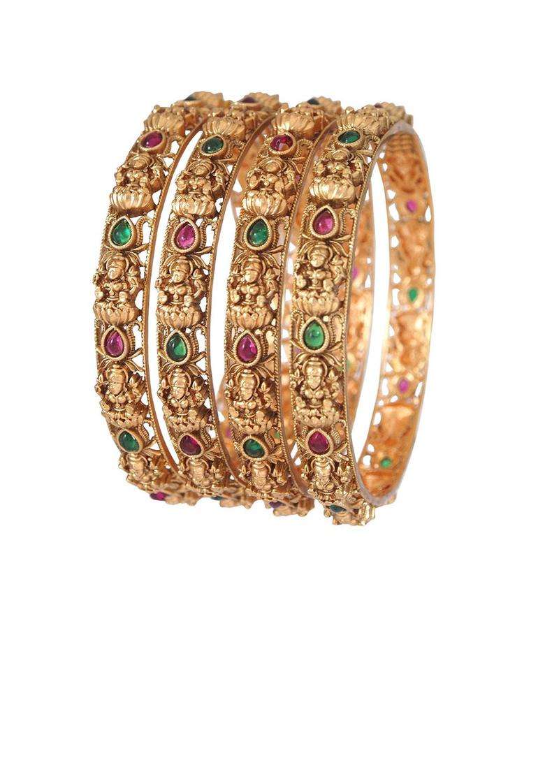 Set of 4 Gold-Plated Artificial Stones and Beads Studded Matte Temple Bangles for Women | Traditional Temple Jewellery for Wedding & Festive Wear | Gift for Her - Indya