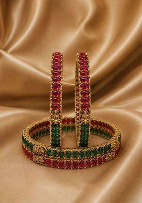 Set of 4 Gold-Plated Temple Stone Studded & Beaded Bangles for Women | Traditional Temple Jewellery for Wedding & Festive Wear | Gift for Her
