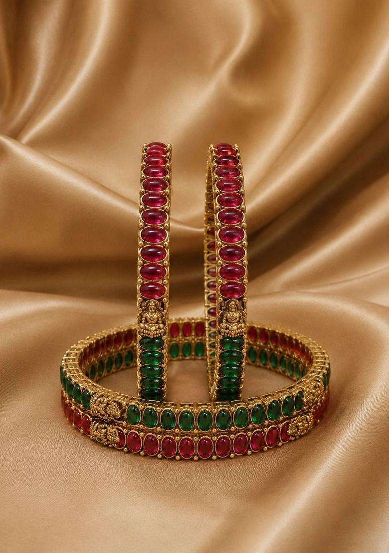 Set of 4 Gold-Plated Temple Stone Studded & Beaded Bangles for Women | Traditional Temple Jewellery for Wedding & Festive Wear | Gift for Her - Indya
