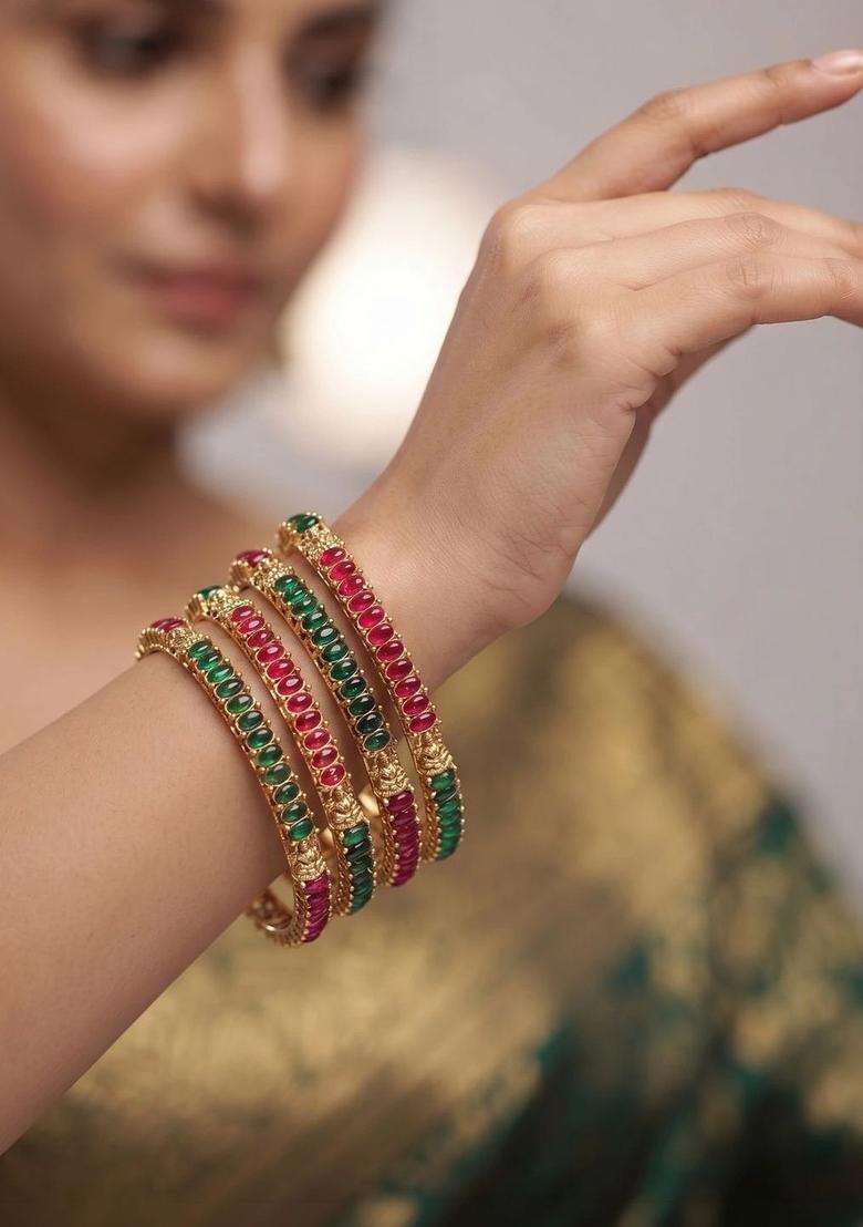 Set of 4 Gold-Plated Temple Stone Studded & Beaded Bangles for Women | Traditional Temple Jewellery for Wedding & Festive Wear | Gift for Her - Indya