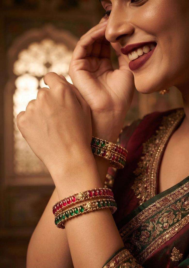 Set of 4 Gold-Plated Temple Stone Studded & Beaded Bangles for Women | Traditional Temple Jewellery for Wedding & Festive Wear | Gift for Her - Indya
